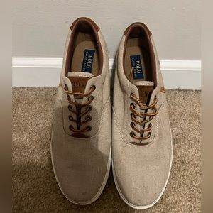 Polo Ralph Lauren Mens Vaughn Low Tan Brown Canvas Solid Sneakers Shoes Size 12